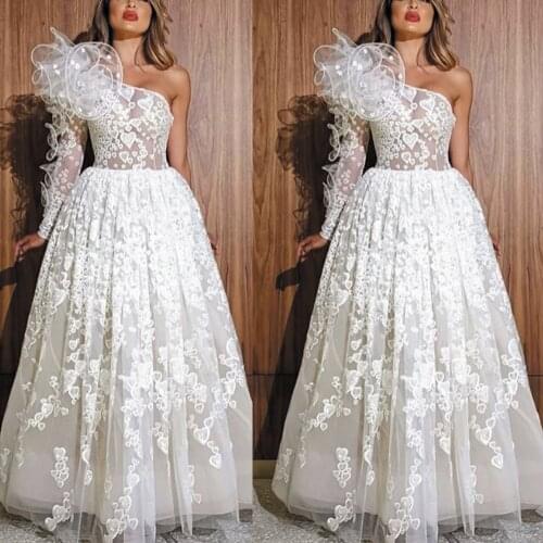 SuperKimJo Arabic Prom Dresses Long Lace Applique One Shoulder Ivory Elegant Luxury Prom Gowns Robe De Soiree 2021