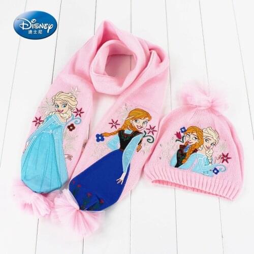 Disney Frozen Warm Pink Baby Scarf And Hat Autumn Winter Knitted Hats With Earflaps For Girls Children Elsa Anna Knit Woolen Cap