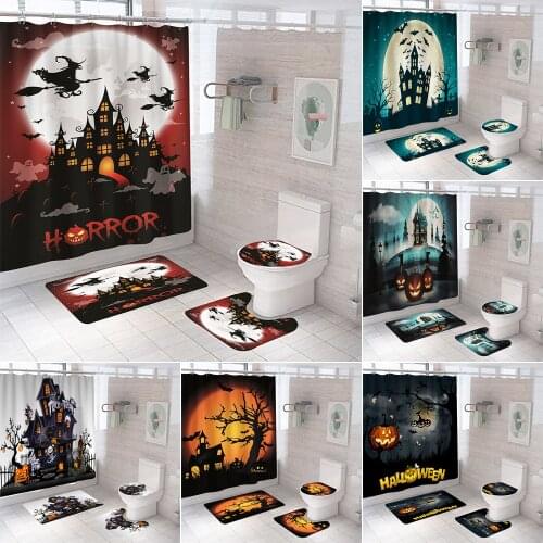 Happy Halloween Fabric Shower Curtain Castle Pumpkin Witch Bathroom Curtains Anti-skid Bath Rugs Carpet Toilet Lid Cover Mat