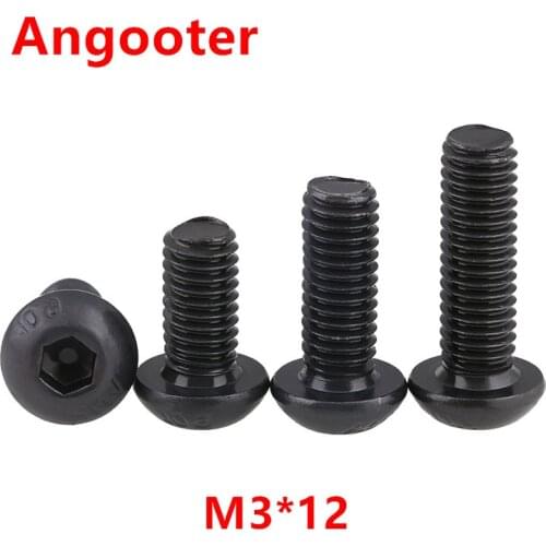 100pcs ISO7380 M3*12 Black Steel 10.9 grade Round Head Screws M3x12 Hex Socket Button Head Cap Screw Screws Bolts