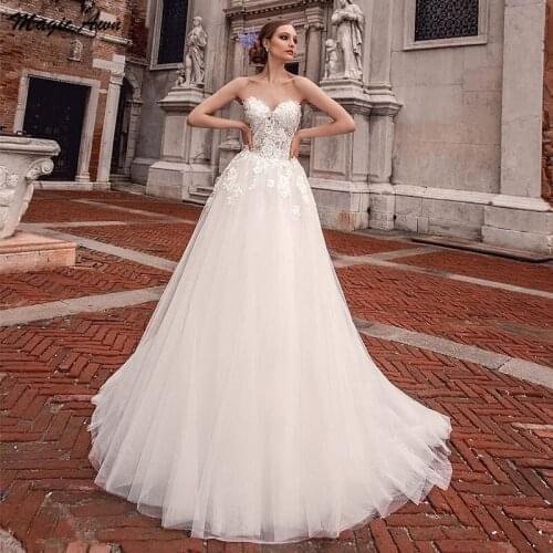 Magic Awn Elegant Sweetheart Wedding Dresses 2021 Lace Appliques Illusion Boho A-Line Tulle Bridal Gowns Beach Vestidos Branco