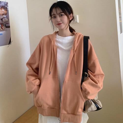 Orange Pink Zip Up Sweatshirt Winter Jacket Clothes Oversize Casual Loose Hoodies Ladies Vintage Pockets Long Sleeve Pullovers