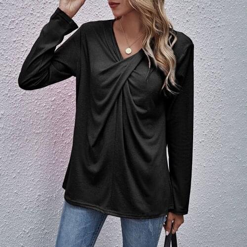 2021 Autumn Spring Tops Women Casual Long Sleeve Cross Neck T-Shirts Fashion Female Stitching Tees Loose Pullover Solid Tops