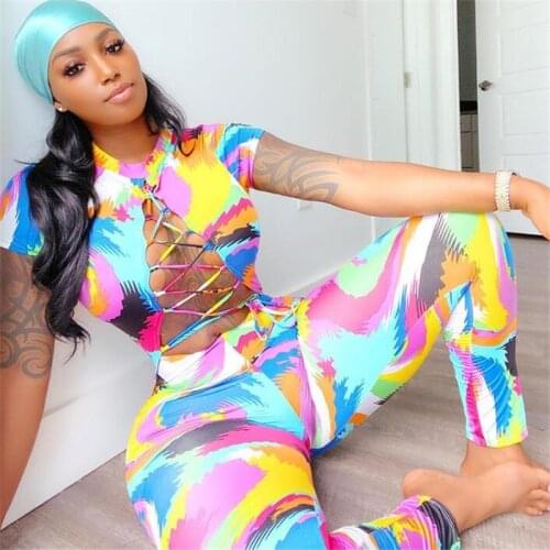 Women Clubwear Skinny Jumpsuit 2020 Trendy Female Printed Exposed Navel Hollow Tie-dye Casual Jumpsuit Street Bandge Slim Romper