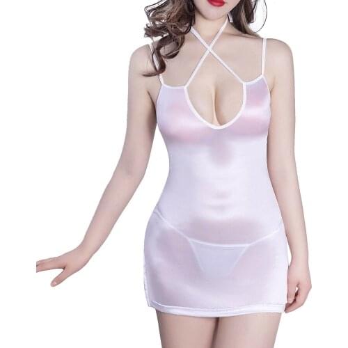 Women See Through Silky U Neck Bodycon Dress Side Slit Sleeveless Low Cut Sleepwear with T-Back