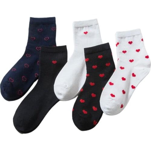 5 Pairs Korean Womens Cotton Crew Socks Sweet Love Heart Print Harajuku Hosiery Y1AC