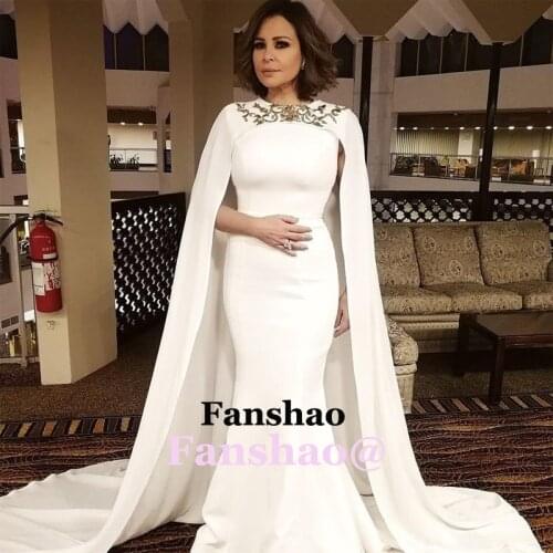 White Satin Muslim Evening Dress Appliques Cape Formal Party Prom Gowns Dubai Saudi Arabric Dubai Vestidos de Fiesta