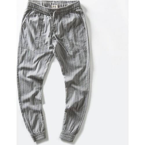 2018 Spring and autumn new mens casual pants loose linen mens trousers striped pencil pants male elastic waist pantalones broek