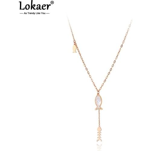 Lokaer Titanium Stainless Steel White Shell Fish Charm Pendant Necklace Bohemia Animal Link Chain Necklace For Women N21046