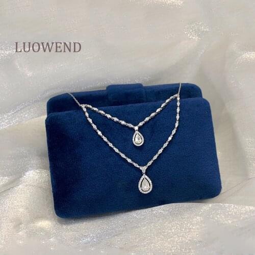LUOWEND 18K Solid White Gold Pendant Necklace 1.2ct Real Natural Diamond Women Engagement Necklace Double Layered Wear Desgin