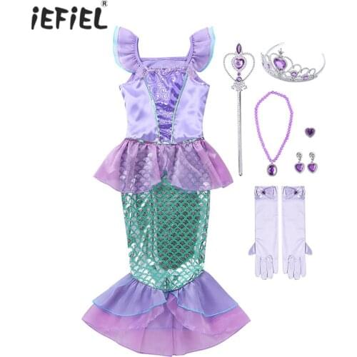Kids Girls Cap Sleeves Sequins Mermaid Scales Printed Dress Halloween Cosplay Party Costume with Crown Necklace Gloves Accessory