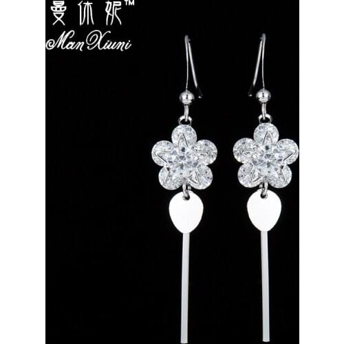 Manxiuni Long Earrings Luxury Silver Plated Drop Earrings Flower Zircon Crystal Female Jewelry boucle d'oreille femme