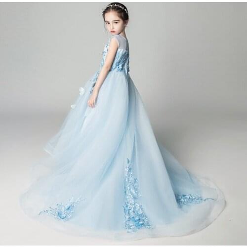 Long Trailing Girl Wedding Dresses Elegant Blue Tulle Butterfly First communion Gown Kids Evening Formal Princess Tutu Dress