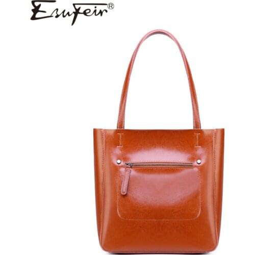 ESUFEIR Oil Wax Genuine Leather Handbag Vintage Shoulder Bag Messenger Bag Luxury Brand Solid Color Large Capacity Tote Bag
