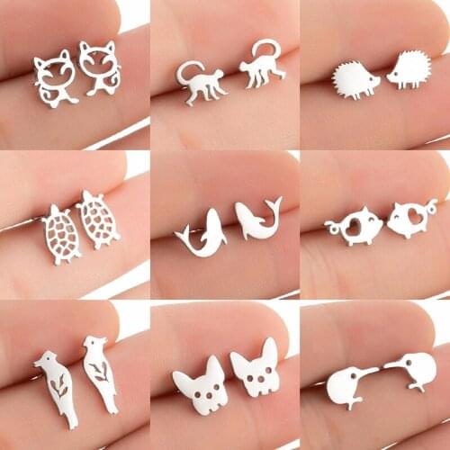 Korean Stainless Steel Earrings Women Kids Cartoon Hedgehog Dog Pig Shark Monkey Earings Small Animal Studs Best Gift for Friend