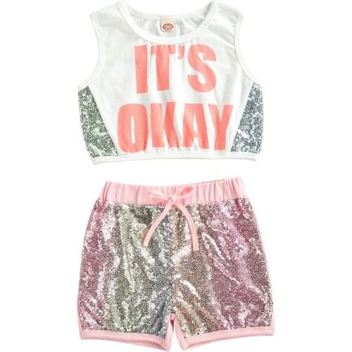 2Pcs Summer Little Girls Outfit, Toddlers Round Collar Sleeveless Letter Short Top + Sequins Decoration Color Matching Shorts