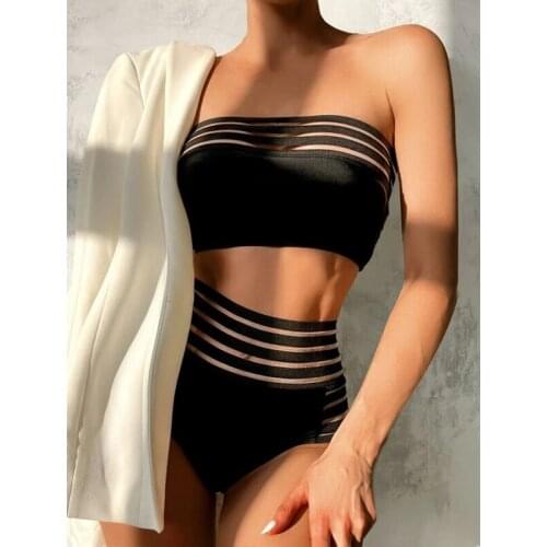 Mossha 2021 Black bandeau swimsuit womens swimming suit Sexy off-shoulder bikinis High waist bathing suit Retro swimsuit female