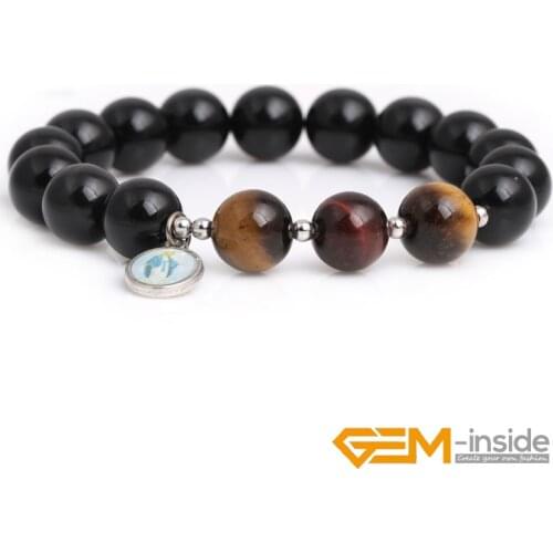 Natural 10mm Yellow/Red Tiger Eyes Black Obsidian Round Beaded Stretch Fashion Women Bracelet 7" GEM-inside Wholesale