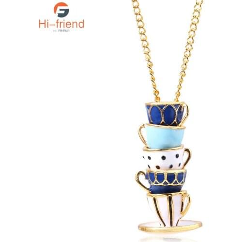 New Fashion Tea Cup Necklace Pendant Made Sweater Chain Clothing Accessories Long Necklace Enamel Jewelry Gift For Woman