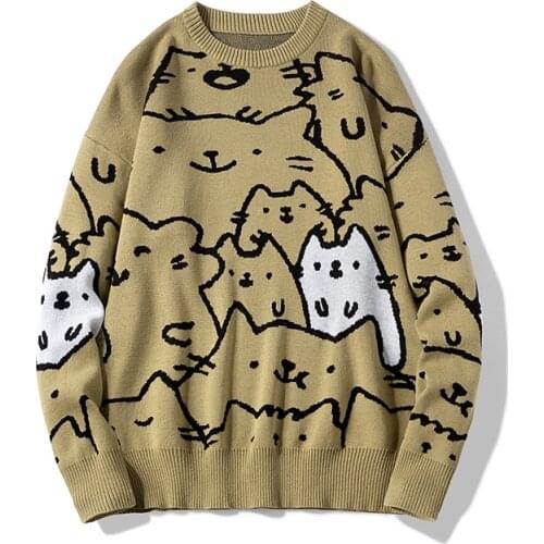 Spring and Autumn Cartoon Pattern Knitted Sweater Vintage Retro Harajuku Loose O-Neck Sweater Cotton Pullover Men Clothing