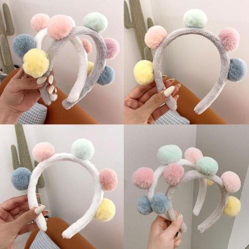 Women Cute Candy Color Winter Autumn Plush Headband Wash Face Pompom Hair Hoop Children Party Ornaments Gift