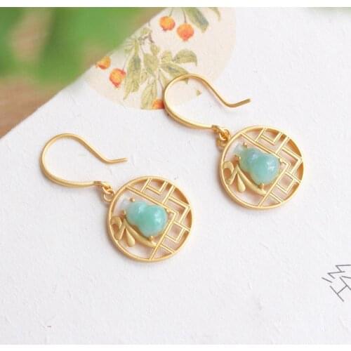 Natural Emerald Earrings Earrings Retro Chinese Style Fu Character Gourd Earrings Womens Sterling Silver Jade Earrings Gift for