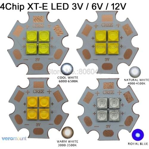 Cree XT-E XTE 3V 6V 12V 4Chips High Power LED Emitter Cool White Warm White Neutral White Royal Blue Colors on 20mm Copper PCB