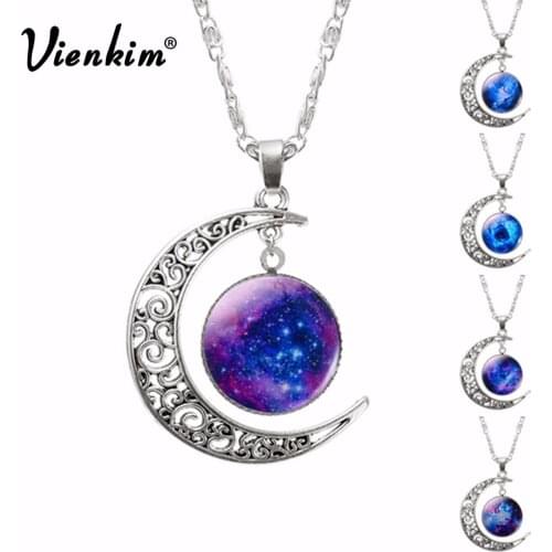 Vienkim Hollow Moon & Glass Galaxy Statement Necklaces Silver Color Chain Pendants 2018 New Fashion Jewelry Collares Friend Best