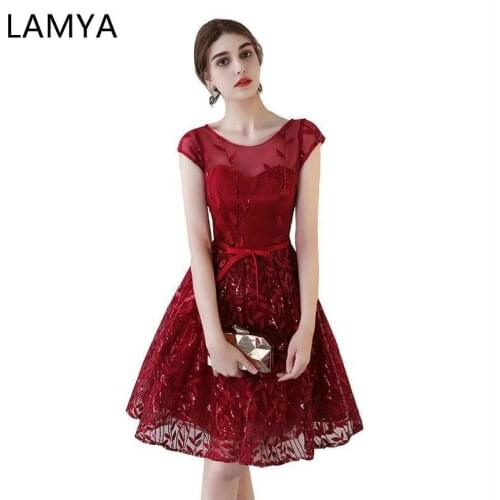 LAMYA Wine Red Short Evening Dresses Elegant O Neck 2019 Prom Party Gowns Appliques Sequined Vestido De Festa