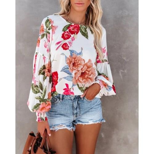 Women Spring Autumn Print Blouse Hollow Out Button O-Neck Lantern Sleeve Shirts Womans Clothing 2021 Casual Loose Y2K Tops