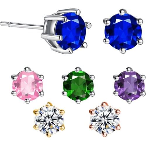 Cubic Zirconia Stud Earrings for Women 6 Prong Setting Sparkling Round Multicolor Brilliance CZ Stud Cute Tiny Earrings Gift