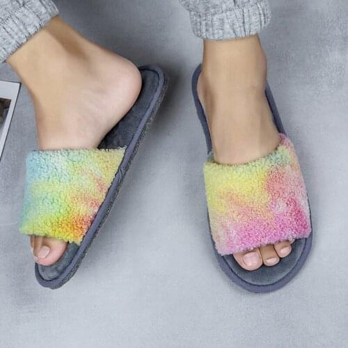 ZEEKSON Womens Shoes Fashion Gradient Plush Slippers Female Korean Version of All-match Suede Couple Casual Rainbow Slippers