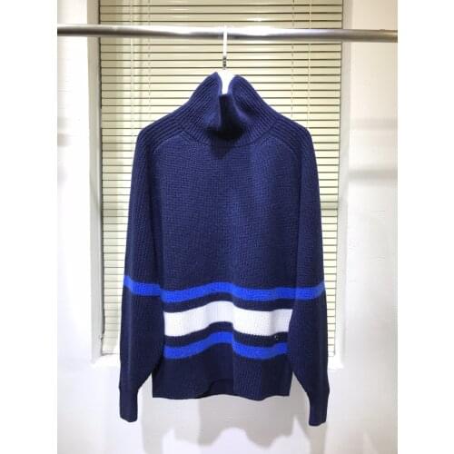 Ladies 2021 Fashion New Long Sleeve Sexy Casual High Neck Contrast Striped Cashmere Sweater 1116