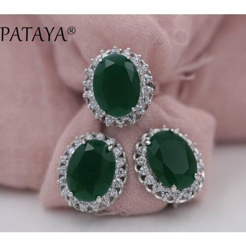 PATAYA New Arrivals Women Wedding Party Luxury Romantic Jewelry Set Accessories Oval Green Natural Zirconia Earrings Ring Sets