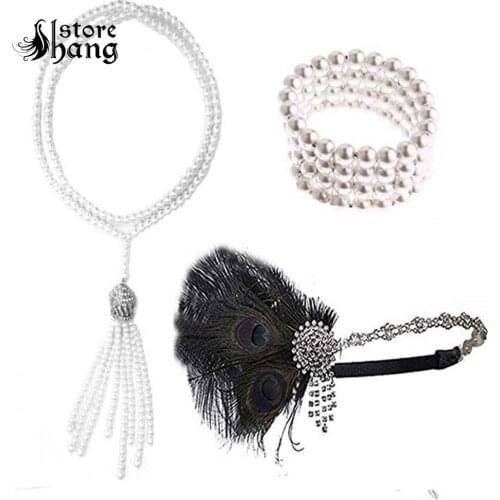 1920s Flapper Costume Accessories for Women Roaring 20s Flapper Headpiece Necklace Bracelet 3 in 1 Flapper Accessories Outfit