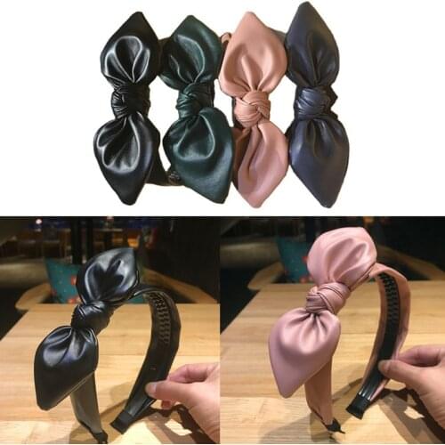 Fashion Bowknot PU Leather Hairbands For Women Sweet Rabbit Ear Hair Hoops Hair Accessories Ladies Wash Face Headwear Ornaments