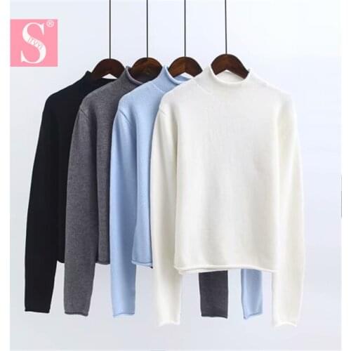 STVY 2021 Spring Autumn Fashion Knitting Pullovers Long Sleeve Half Turtleneck Solid Short Style Curled Sweaters For Women