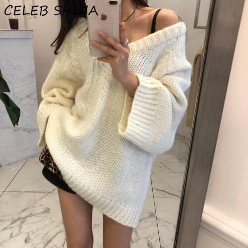 SHIJIA New fashion V-neck Loose knit sweater woman jumper Full-sleeve elegant casual solid knitting pullover female autumn 2021