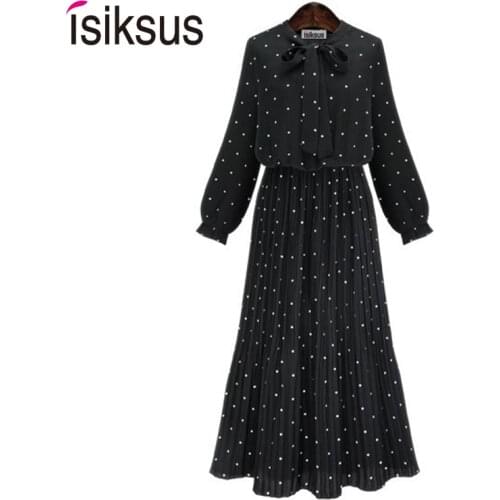 Isiksus Black Polka Dot Long Dress Women Formal Dresses Elegant Party Dress Ladies Autumn Vintage Chiffon Plus Size DR078