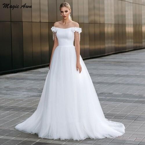 Magic Awn 2021 White Wedding Dresses Off The Shoulder 3D Flowers Appliques Beaded Tassel Modest Mariage Gowns Vestidos De Novia