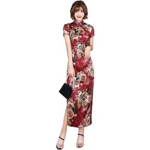 2021 Vintage Women Cheongsam Floral Print Slim Short Sleeve Splits Ladies Midi Dresses Vestidos