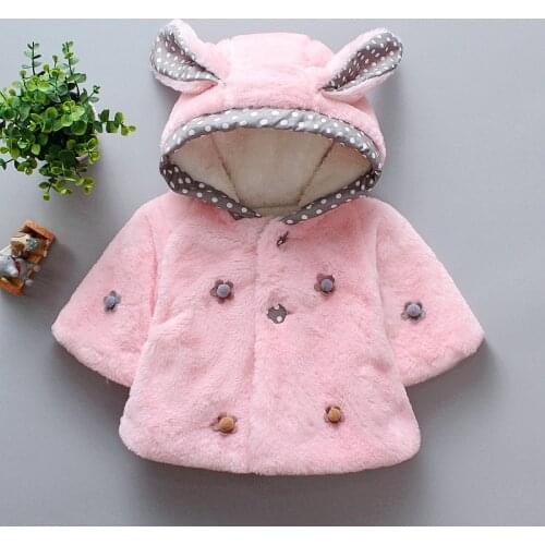 Winter baby Plus velvet Thick cotton coat Fashion Fluffy Cartoon 3D Rabbit ears girls hoodie Warm Cashmere children clothing