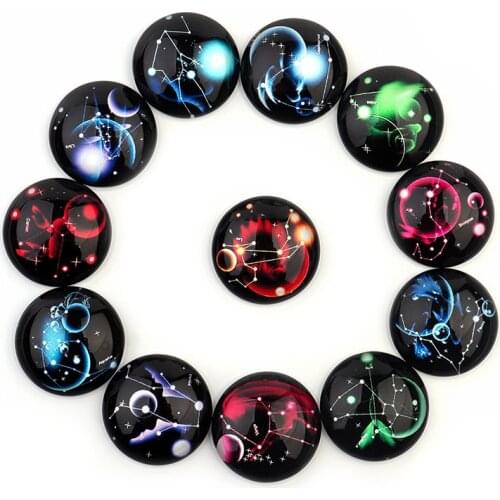 10/20pcs Glass 12 Constellation Pattern 10/12/14/18/20/25mm Flat Back Setting Round Cabochon For DIY Bracelet Pendant Key Chain