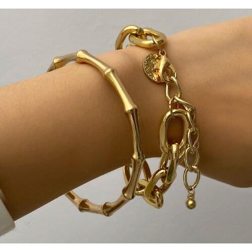 2Pcs/ Set Gold Color Metal Chain Link Creative Bamboo Bracelet Bangle 2021 New Fashion Punk Bangle Bracelet Women Party
