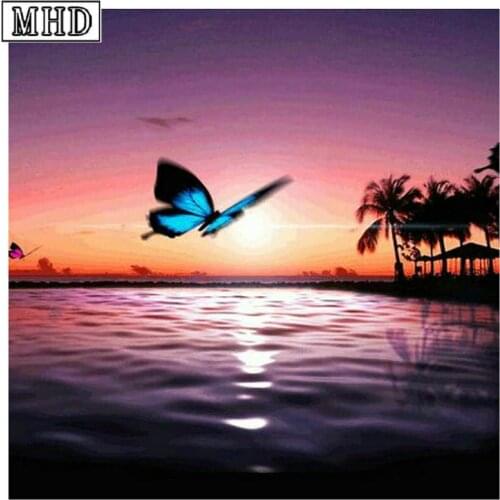 5d full square & round butterfly diamond painting sunset landscape diamond art mosaic 3d diamond cross stitch wall decoration