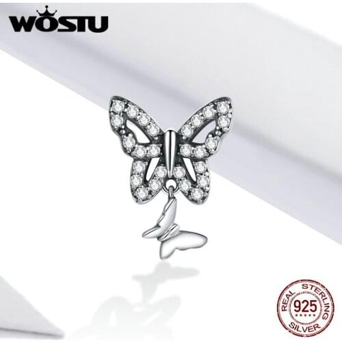 WOSTU Double Butterfly Flying Beads Charm S925 Sterling Silver Zircon Fit Original Silver Bracelets Fine Jewelry Making BNC424