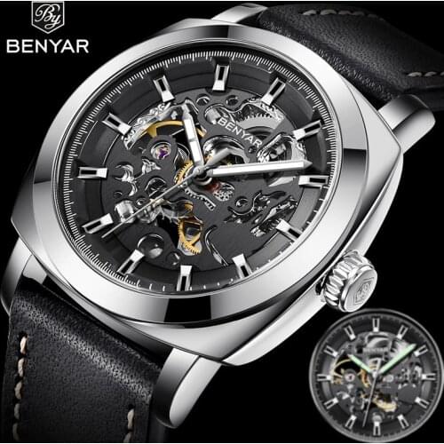 2021 New BENYAR Automatic Mechanical Watch Top Luxury Brand Watches Mens Business Fashion Leather Strap Waterproof Wristwatches