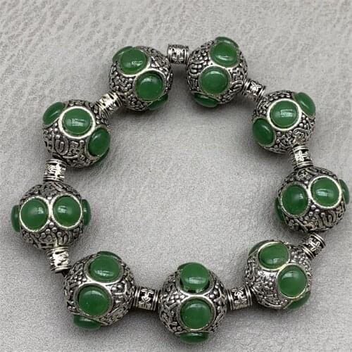 Exquisite Chinese Rare Collectible Tibetan Silver Handwork Inlaid Jade Auspicious Bracelet Statue Handicraft Home Decoration#2
