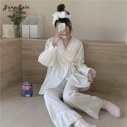 JuneRain Korean Autumn Lace Elegant Pure Color Cotton 2021 Pajamas Women Cotton Sweet Palace Style Pajamas Set Home Clothes