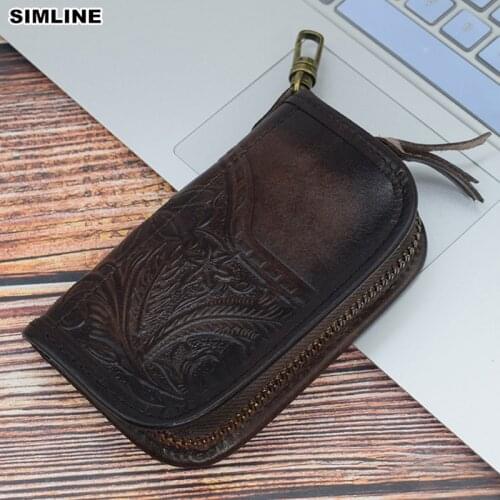 2019 Genuine Leather Key Wallet Men Women Short Vintage Handmade Zipper Car Key Card Holder Coin Purse Bag Organizer Housekeeper